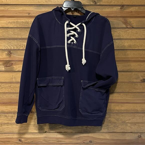 J Crew Lace-up Navy Blue Hoodie Pockets Size M Layers Boho Warm Nautical Beachy - Picture 11 of 13